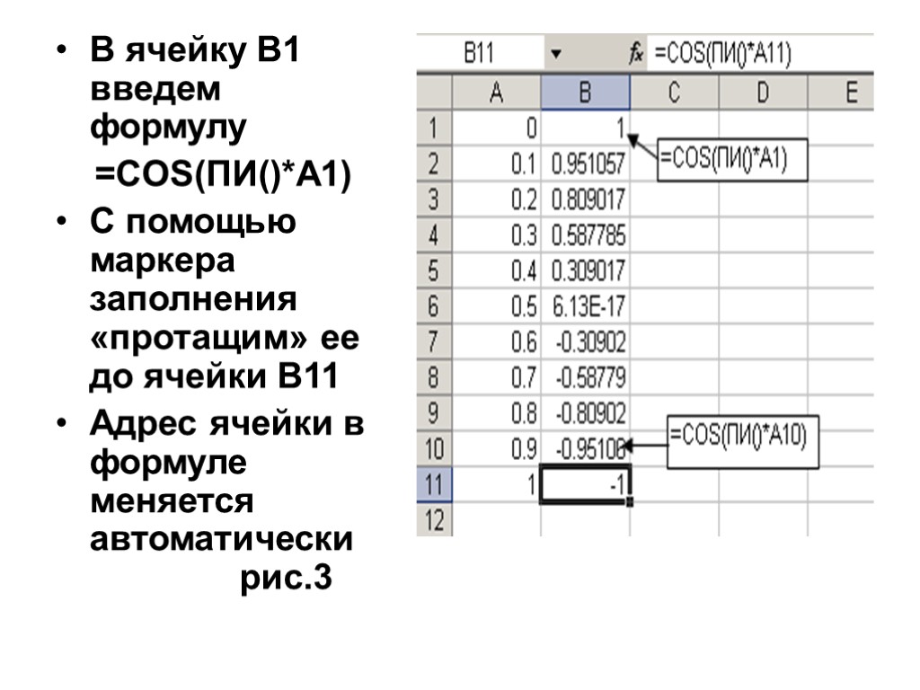 В ячейку В1 введем формулу =COS(ПИ()*А1) С помощью маркера заполнения «протащим» ее до ячейки